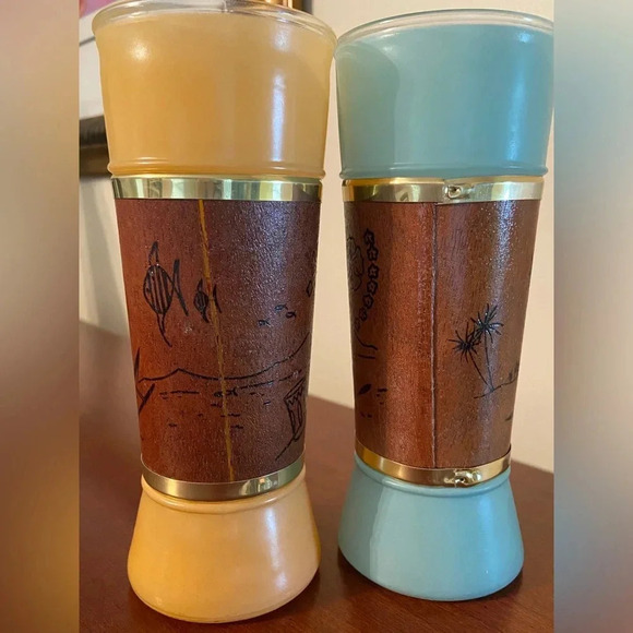 VINTAGE MCM SIESTA WARE TIKI BAR FROSTED GLASS SET 2 WOOD WRAP 60s Aqua & Mango - Picture 4 of 10